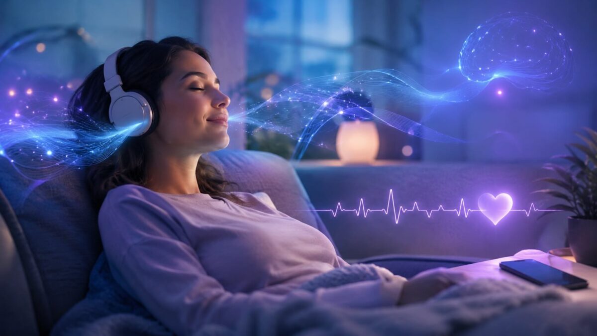 As 10 músicas que de acordo com a ciência reduz a ansiedade e o estresse. Mulher deitada ouvindo música relaxante.