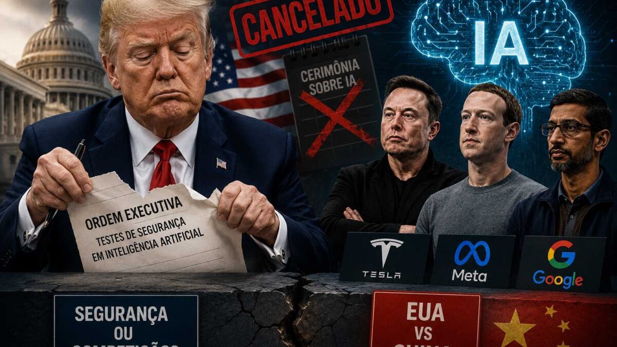 Donald Trump em evento oficial com executivos de tecnologia, incluindo Elon Musk e Jensen Huang