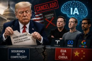 Donald Trump em evento oficial com executivos de tecnologia, incluindo Elon Musk e Jensen Huang