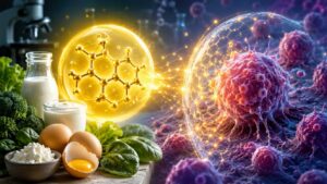 Estrutura molecular da vitamina B2 ou riboflavina, nutriente encontrado em alimentos como ovos e vegetais verdes