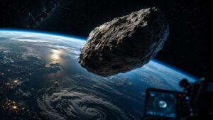 Representação artística de um asteroide passando próximo à órbita terrestre com a Terra ao fundo