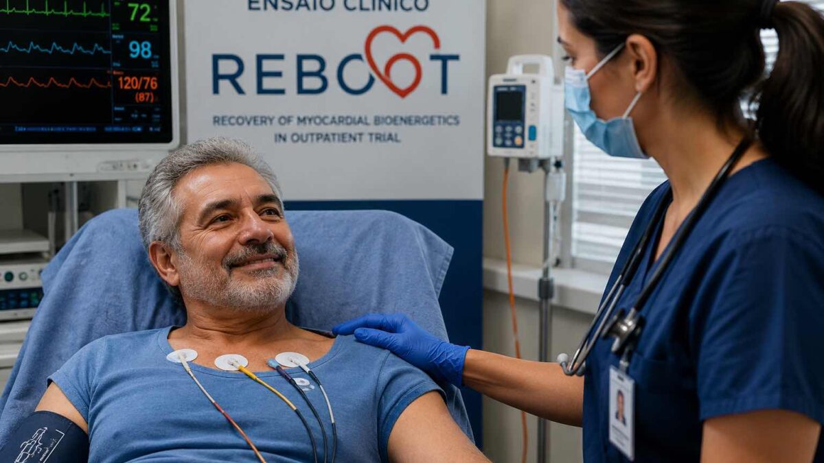 Paciente recebendo acompanhamento cardíaco após infarto em ensaio clínico REBOOT