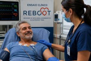 Paciente recebendo acompanhamento cardíaco após infarto em ensaio clínico REBOOT