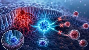 Ilustração científica de células-tronco cancerosas colorretais e o mecanismo de controle da proteína BEX2
