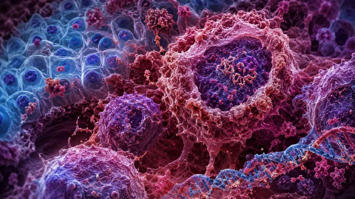 Representação de células cancerosas do cólon sob microscópio eletrônico mostrando mutações