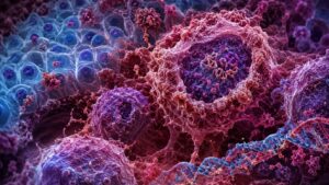 Representação de células cancerosas do cólon sob microscópio eletrônico mostrando mutações