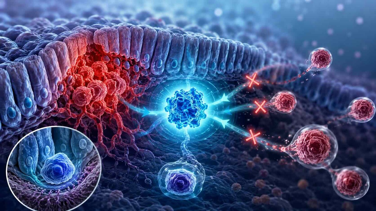 Ilustração científica de células-tronco cancerosas colorretais e o mecanismo de controle da proteína BEX2