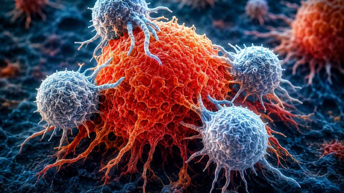 Representação de células atacando célula imunológicas cancerígena sob microscópio