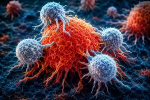 Representação de células atacando célula imunológicas cancerígena sob microscópio