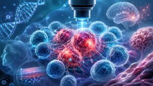 Visualização de células senescentes e moléculas de DNA (aptâmeros) em fundo científico com tons azuis e vermelhos