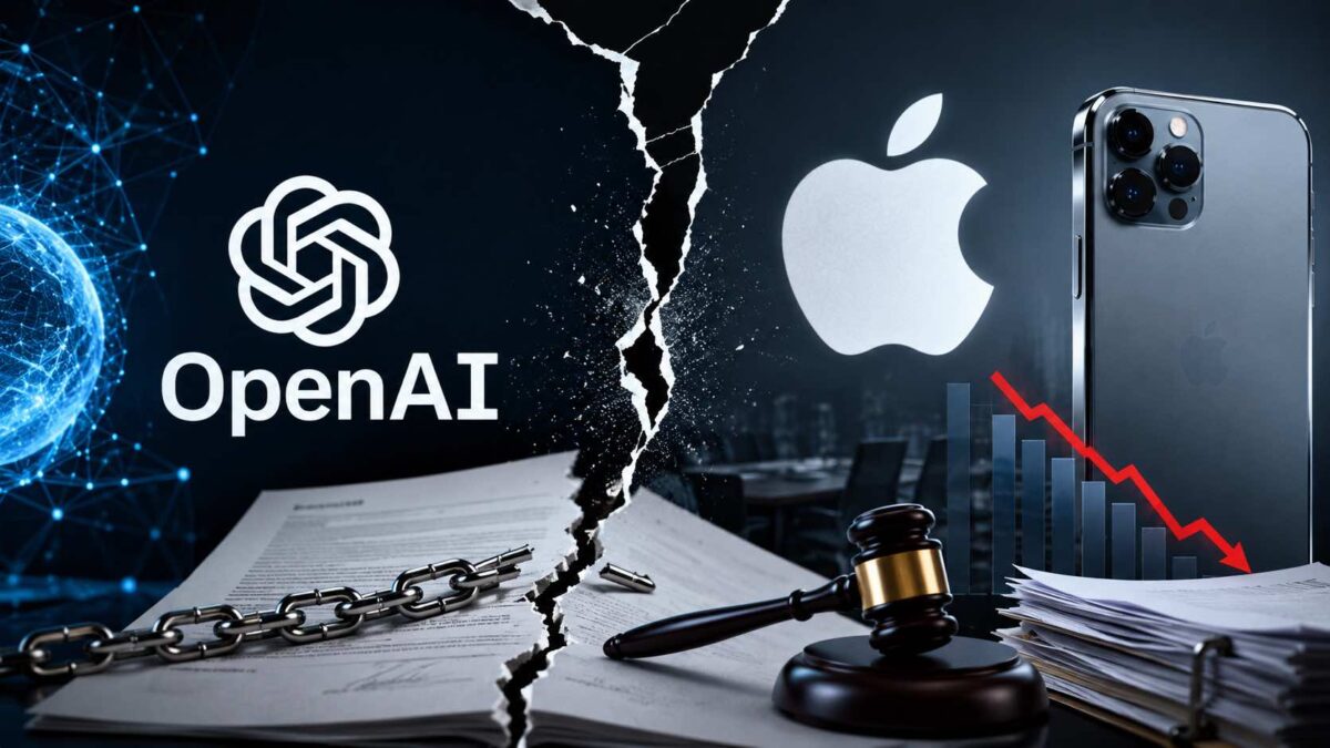 Logos da OpenAI e da Apple lado a lado representando conflito contratual sobre integração do ChatGPT