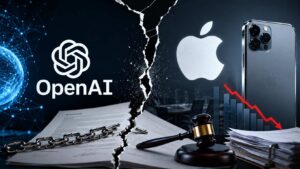 Logos da OpenAI e da Apple lado a lado representando conflito contratual sobre integração do ChatGPT