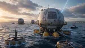 Esfera flutuante branca no oceano com estrutura tubular submersa, usada como data center movido a ondas