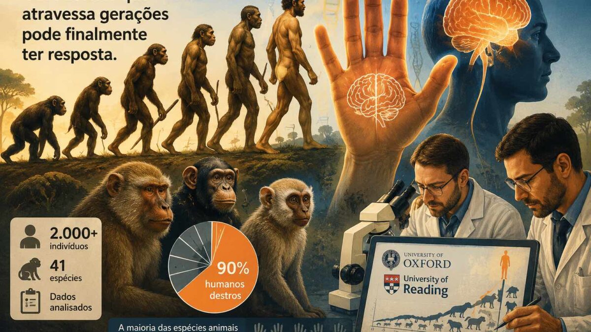 Comparação evolutiva mostrando desenvolvimento da preferência manual desde o Australopithecus até o Homo sapiens