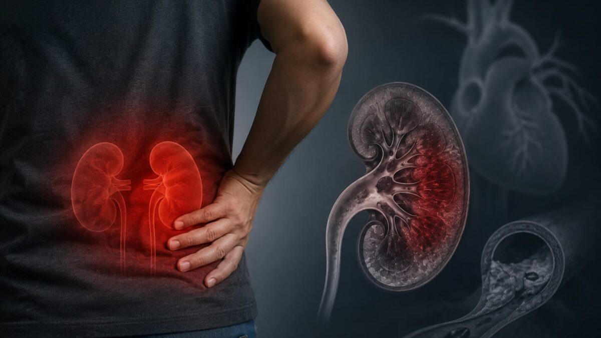 Ilustração de rins humanos mostrando dano relacionado à doença renal crônica