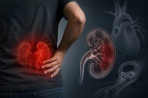 Ilustração de rins humanos mostrando dano relacionado à doença renal crônica
