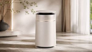 Purificador de ar elegante em design de torre com iluminação suave ao fundo