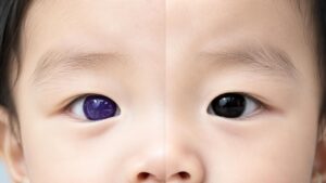 Close-up dos olhos do bebê antes e depois da administração do remédio favipiravir