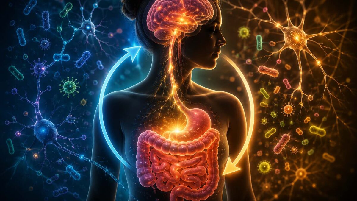 Ilustração mostrando conexão entre intestino e cérebro durante perda de peso com jejum intermitente