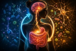 Ilustração mostrando conexão entre intestino e cérebro durante perda de peso com jejum intermitente