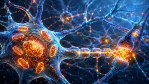 Ilustração de mitocôndrias dentro de neurônios cerebrais gerando energia para memória