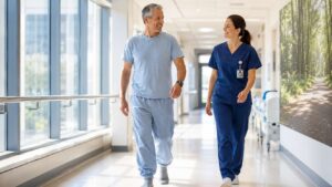Paciente caminhando em corredor de hospital após cirurgia para acelerar a recuperação