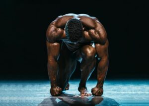 Atleta musculoso realizando exercício de força, demonstrando alta massa muscular