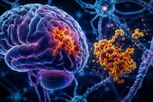 Células cerebrais afetadas por Parkinson mostrando proteína GPNMB