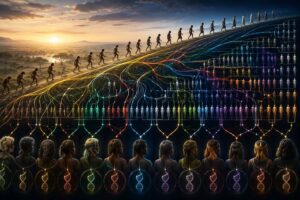 Diagrama ilustrando linhas genéticas humanas atravessando milhares de gerações na história da espécie