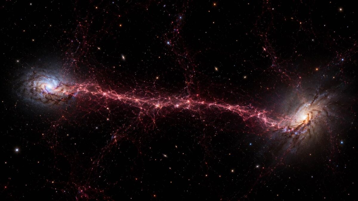 Representação artística de um filamento cósmico conectando duas galáxias através do espaço vazio
