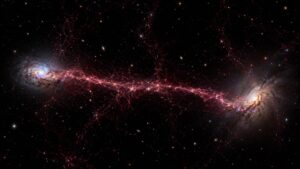 Representação artística de um filamento cósmico conectando duas galáxias através do espaço vazio