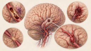 Ilustração de vasos sanguíneos cerebrais com artérias e pequenos vasos em diferentes tons de vermelho