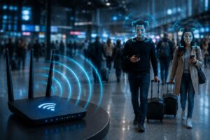 Ilustração mostrando como onda de WiFi identifica pessoas em um ambiente sem câmeras