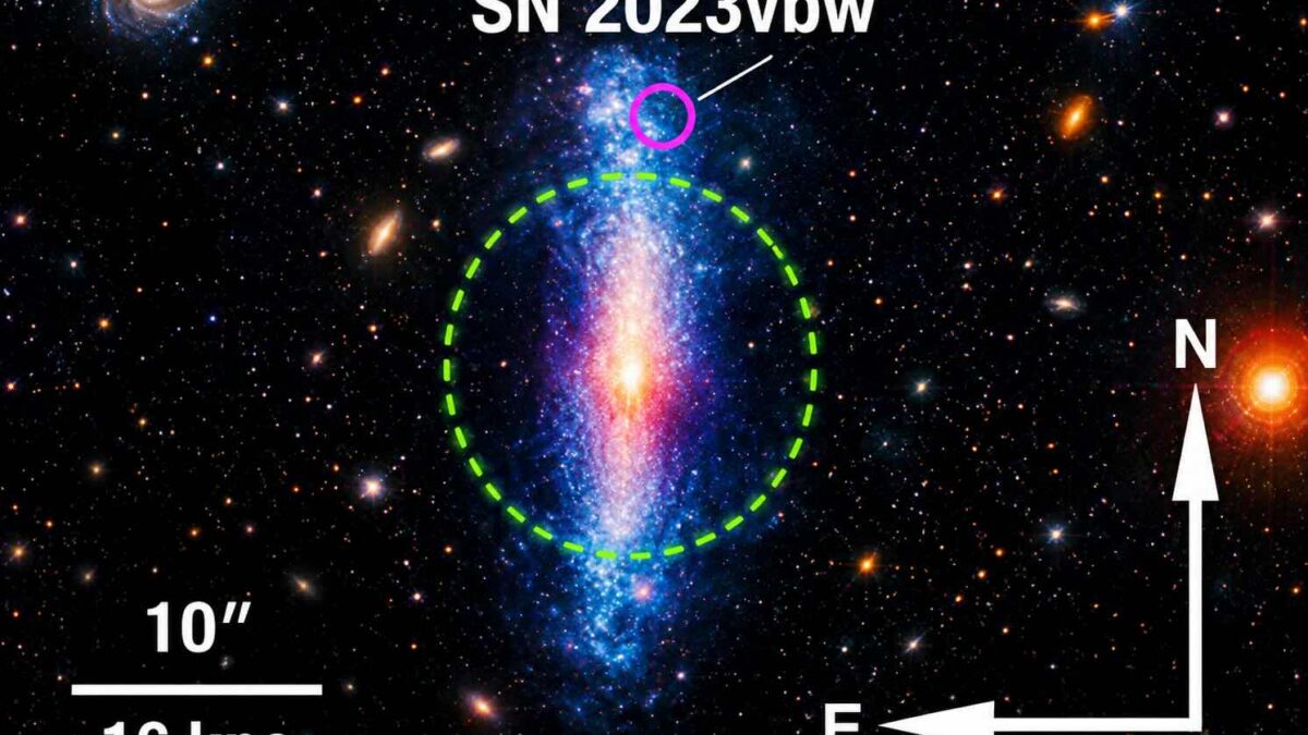 Representação artística de estrela gigante, SN2023vbw, se autodestruindo em explosão cósmica rara