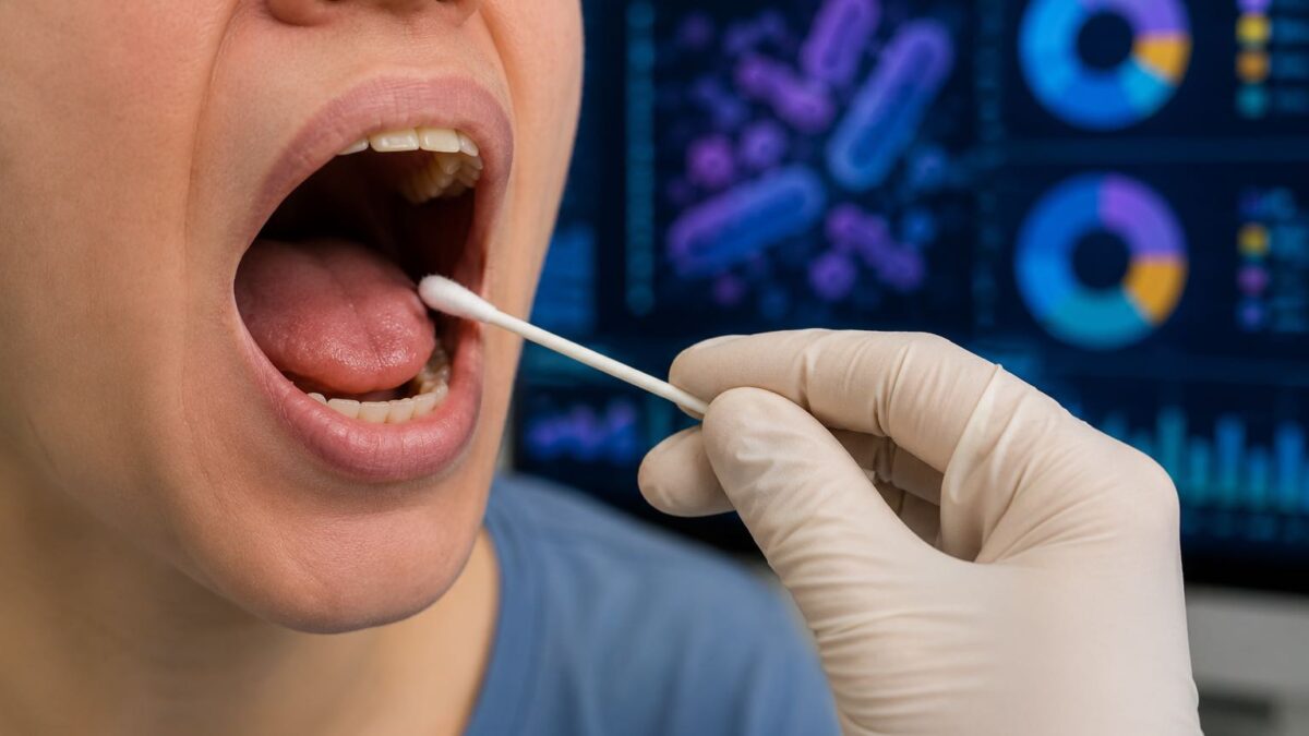 Representação científica de bactérias na saliva relacionadas ao câncer de língua