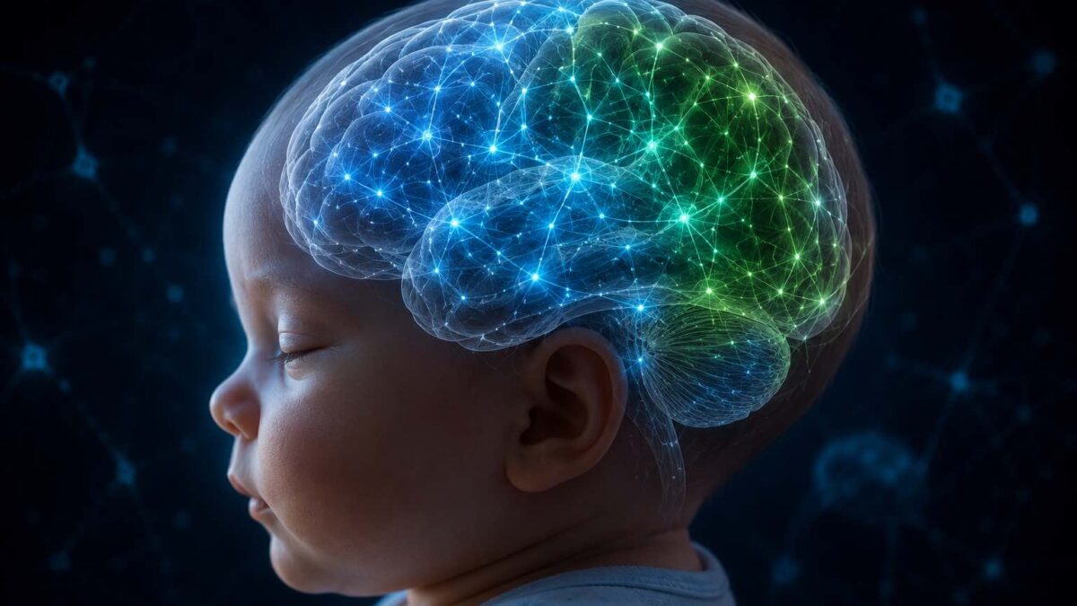 Ilustração do cérebro de um bebê com redes de conectividade neural destacadas em azul e verde