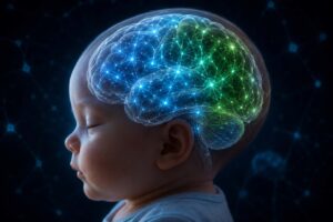 Ilustração do cérebro de um bebê com redes de conectividade neural destacadas em azul e verde