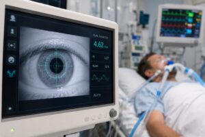 Tecnologia de pupilometria automatizada medindo a pupila para detectar delírio em paciente de UTI