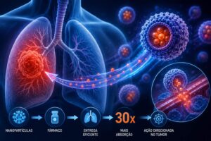 Ilustração de nanopartículas transportando medicamentos para células cancerosas do pulmão