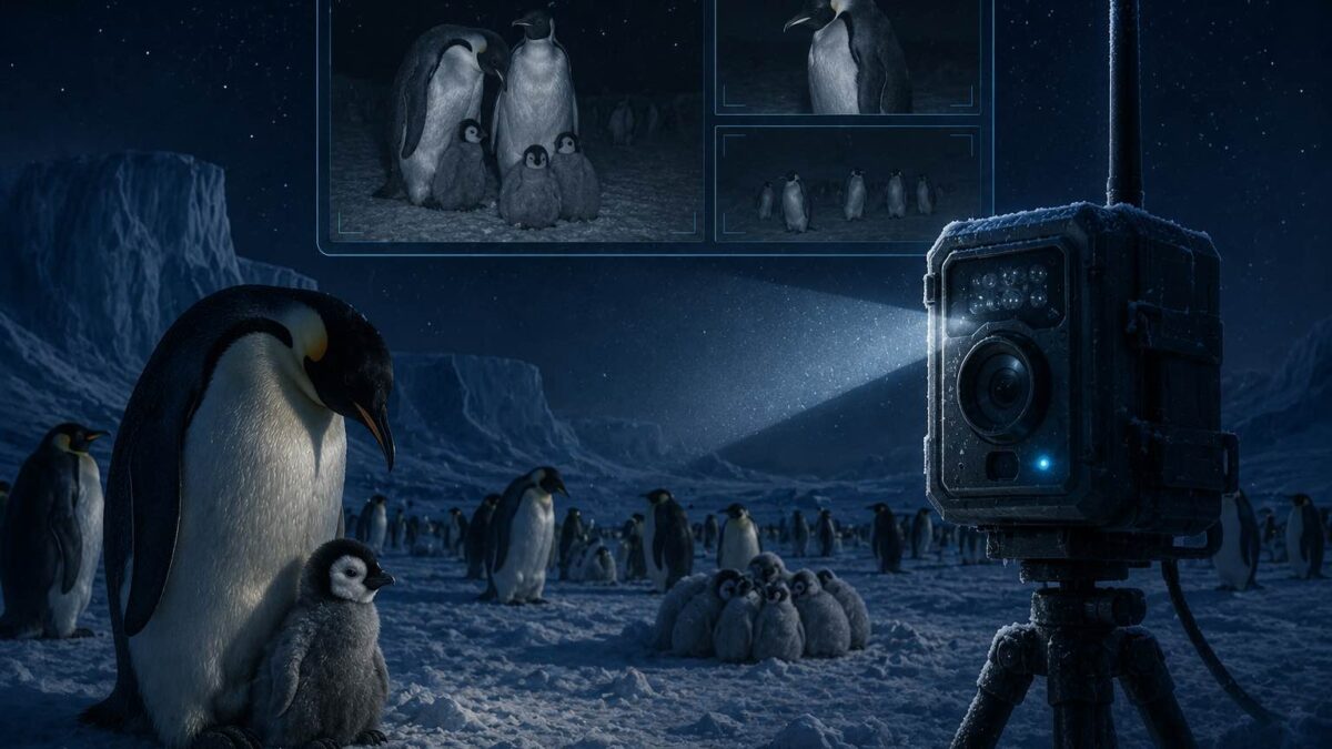 Imagem térmica de pinguins-imperadores agrupados em aglomerado compacto durante a noite polar