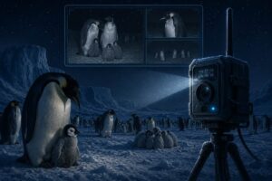 Imagem térmica de pinguins-imperadores agrupados em aglomerado compacto durante a noite polar