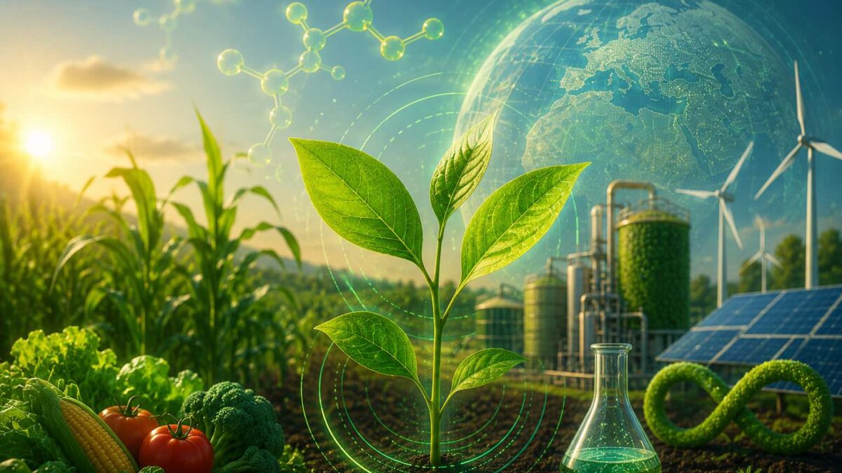 Ilustração de plantas verdes em laboratório convertendo luz solar em energia limpa