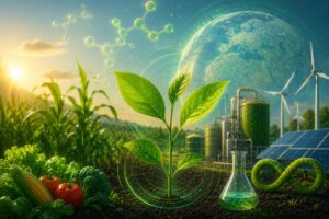Ilustração de plantas verdes em laboratório convertendo luz solar em energia limpa